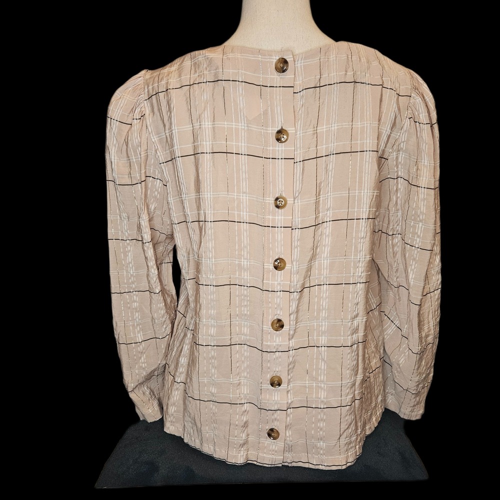 Ann Taylor Medium Blush Plaid Button Back Puff Sleeve Blouse